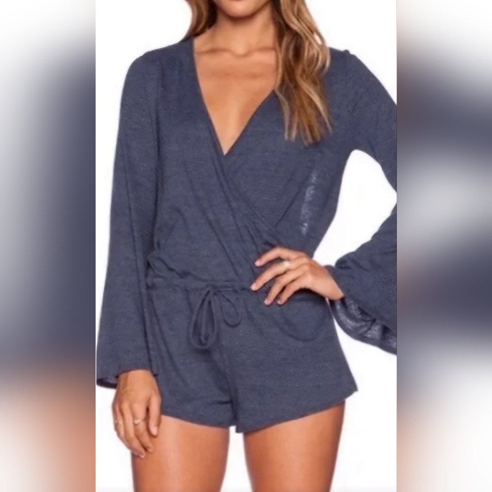 Chaser Heather Navy Bell Sleeve Romper, Size S
